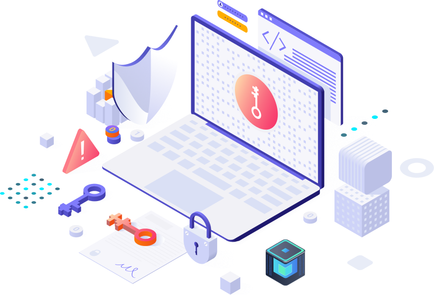Illustration of a laptop with a security dashboard, padlock, key and shield representing IT and cyber security services