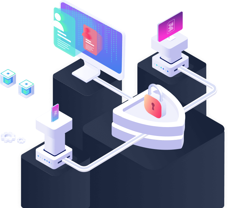 Illustration of secured IT infrastructure, servers and devices protected behind a padlock